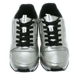 Pre Owned Versace Jeans Silver Faux Leather Lace Up Sneakers Size 40
