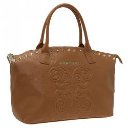 Versace Jeans Brown Pebbled Leather Crystal Studs Shopping Tote