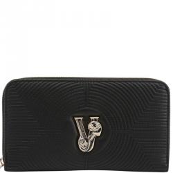 Versace Jeans Black Quilted Faux Leather Zip Around Wallet