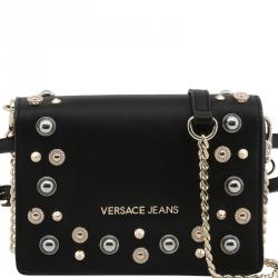 Versace Jeans Black Faux Leather Embellished Crossbody Bag