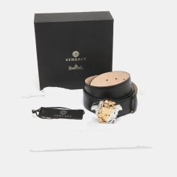 Pre Owned Versace Black Leather La Medusa Buckle Belt 90CM