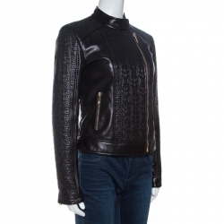 Pre Owned Versace Black Embossed Detail Leather Jacket M