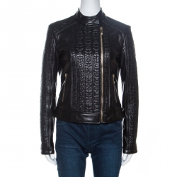 Pre Owned Versace Black Embossed Detail Leather Jacket M
