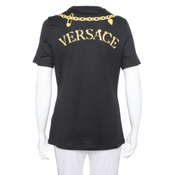 Pre Owned Versace Black Virtus Motif Printed Cotton Crewneck T-Shirt M