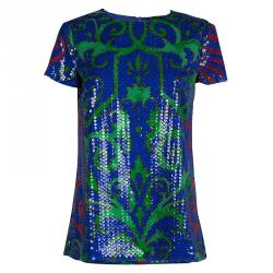 Pre Owned Versace Multicolor Sequin Embellished Short Sleeve Top M
