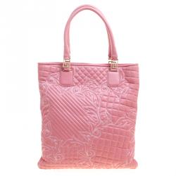 Pre Owned Versace Pink Leather Embroidered Elettra Vanitas Tote