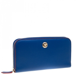 Versace Blue Leather Zip Around Continental Wallet