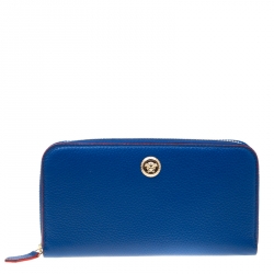 Versace Blue Leather Zip Around Continental Wallet