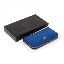 Versace Blue Leather Zip Around Continental Wallet