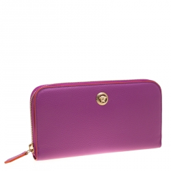 Versace Magenta Leather Zip Around Continental Wallet