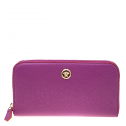 Versace Magenta Leather Zip Around Continental Wallet