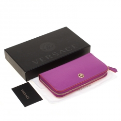Versace Magenta Leather Zip Around Continental Wallet