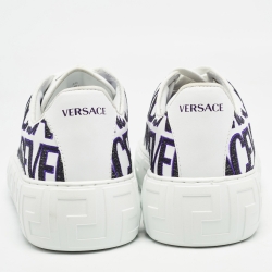 Versace White/Black Leather Logo All Over Contrasting Lace Up Sneakers Size 40