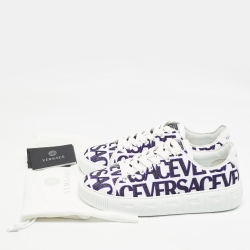 Versace White/Black Leather Logo All Over Contrasting Lace Up Sneakers Size 40