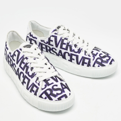 Versace White/Black Leather Logo All Over Contrasting Lace Up Sneakers Size 40