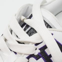 Versace White/Black Leather Logo All Over Contrasting Lace Up Sneakers Size 40