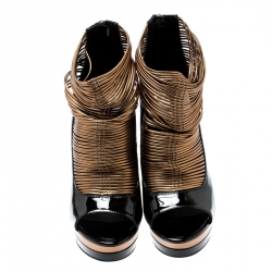 Pre Owned Versace Black/ Metallic Dull Gold Patent Leather Peep Toe Platform Cage Ankle Booties Size 41