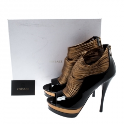 Pre Owned Versace Black/ Metallic Dull Gold Patent Leather Peep Toe Platform Cage Ankle Booties Size 41