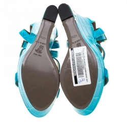 Versace Collection Turquoise Croc Embossed Leather Ankle Strap Wedge Platform Sandals Size 40.5