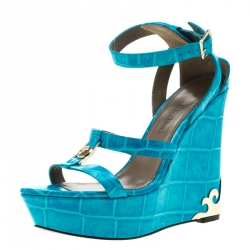 Versace Collection Turquoise Croc Embossed Leather Ankle Strap Wedge Platform Sandals Size 40.5