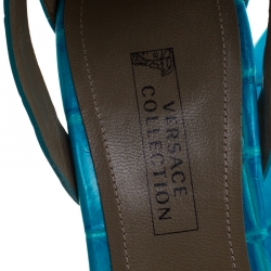 Versace Collection Turquoise Croc Embossed Leather Ankle Strap Wedge Platform Sandals Size 40.5