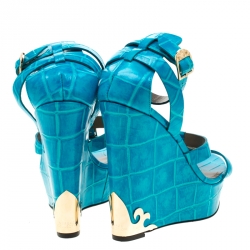 Versace Collection Turquoise Croc Embossed Leather Ankle Strap Wedge Platform Sandals Size 40.5