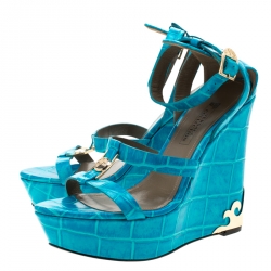 Versace Collection Turquoise Croc Embossed Leather Ankle Strap Wedge Platform Sandals Size 40.5