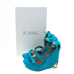 Versace Collection Turquoise Croc Embossed Leather Ankle Strap Wedge Platform Sandals Size 40.5