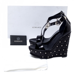 Versace Black Leather T-Strap Quilted Wedge Platform Sandals Size 37.5