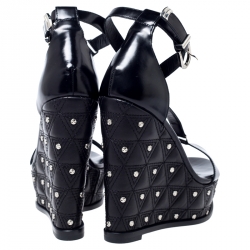 Versace Black Leather T-Strap Quilted Wedge Platform Sandals Size 37.5
