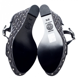 Versace Black Leather T-Strap Quilted Wedge Platform Sandals Size 37.5