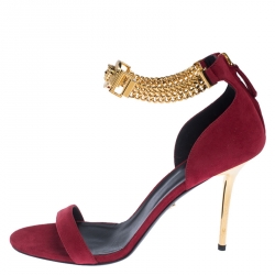 Pre Owned Versace Red Suede Signature Medusa Ankle Cuff Sandals Size 41