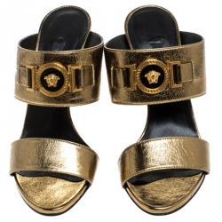 Versace Metallic Gold Leather Icon Medusa Mule Sandals Size 37