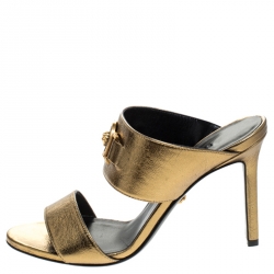 Versace Metallic Gold Leather Icon Medusa Mule Sandals Size 37