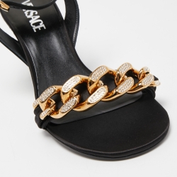 Pre Owned Versace Black Satin Medusa Chain Ankle Strap Sandals Size 38