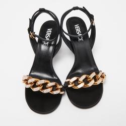 Pre Owned Versace Black Satin Medusa Chain Ankle Strap Sandals Size 38