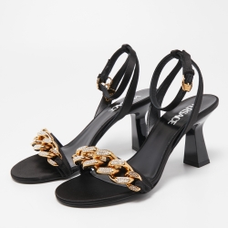 Pre Owned Versace Black Satin Medusa Chain Ankle Strap Sandals Size 38