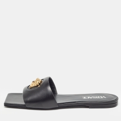 Versace Black Leather Medusa Logo Embellished Flat Slides Size 37