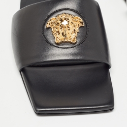 Versace Black Leather Medusa Logo Embellished Flat Slides Size 37