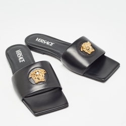 Versace Black Leather Medusa Logo Embellished Flat Slides Size 37