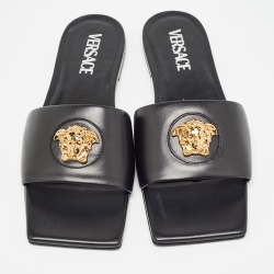 Versace Black Leather Medusa Logo Embellished Flat Slides Size 37