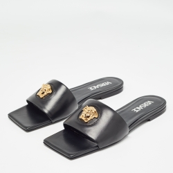 Versace Black Leather Medusa Logo Embellished Flat Slides Size 37