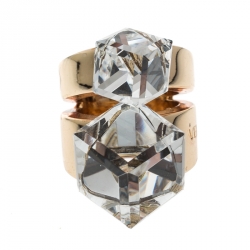 Pre Owned Versace Clear Crystal Cube Gold Tone Cocktail Ring Size 57