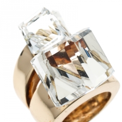 Pre Owned Versace Clear Crystal Cube Gold Tone Cocktail Ring Size 57