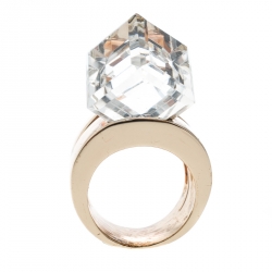 Pre Owned Versace Clear Crystal Cube Gold Tone Cocktail Ring Size 57