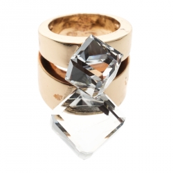 Pre Owned Versace Clear Crystal Cube Gold Tone Cocktail Ring Size 57