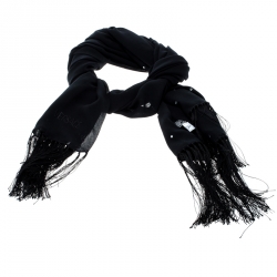Versace Black Crystal Embellished Silk Georgette Tasseled Edge Scarf 