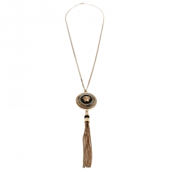 Gianni Versace Vanitas Crystal Enamel Medusa Gold Tone Tassel Pendant Necklace 