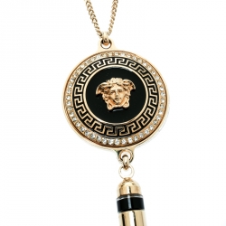 Gianni Versace Vanitas Crystal Enamel Medusa Gold Tone Tassel Pendant Necklace 