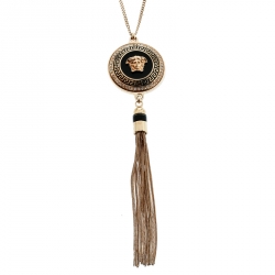 Gianni Versace Vanitas Crystal Enamel Medusa Gold Tone Tassel Pendant Necklace 